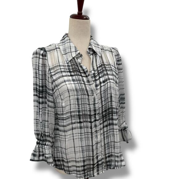 NEW BCX Plaid Layered Blouse Size Medium White Black Sheer Overlay Shirt NWT - Picture 2 of 10
